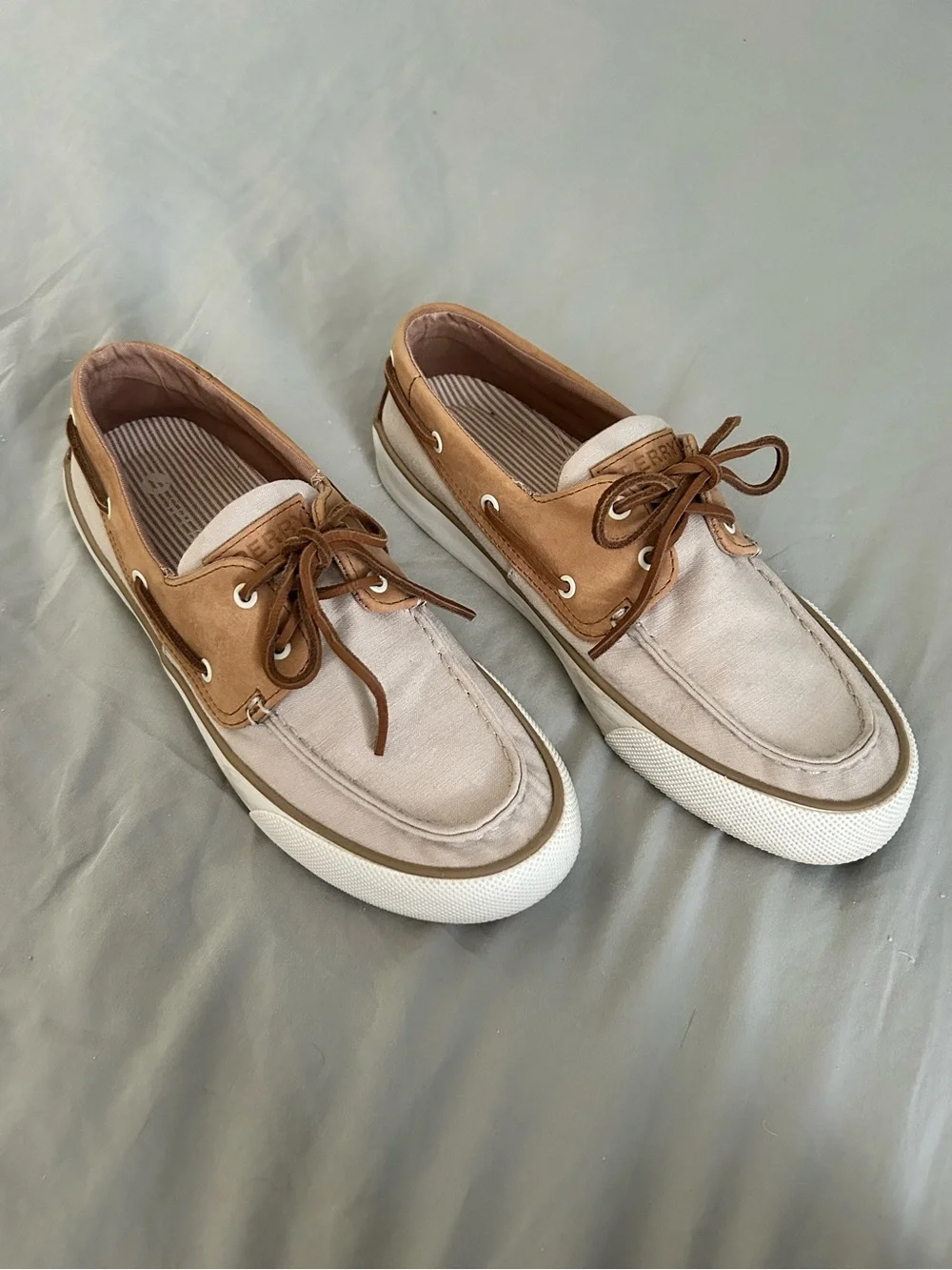 Sperry Two-Tone Beige Canvas and Brown Leather Boat Shoes